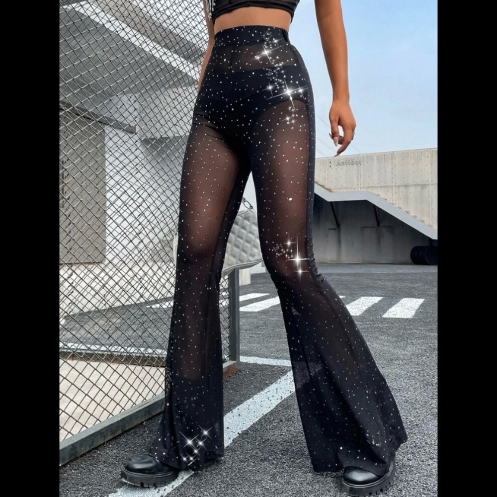 NWT Black Sheer Sparkle Flared Pants | SHEIN